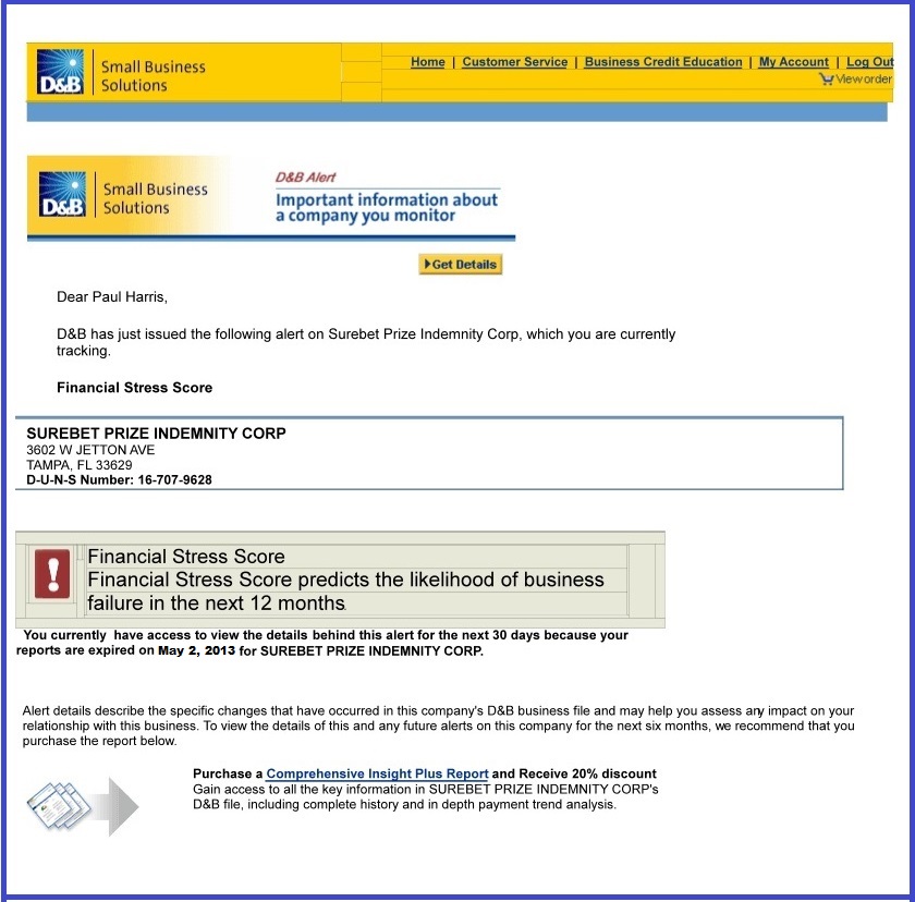 Surebet Hole in One Scam Bankruptcy going out of business in next 12 month DNB Hole in One Report
